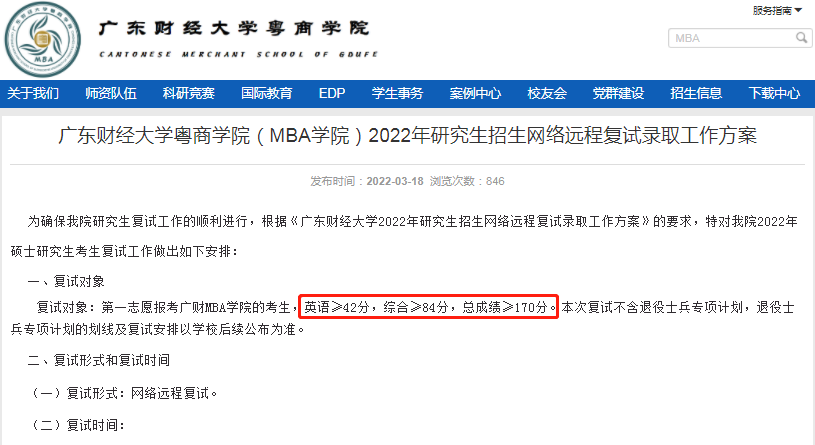 2022年广东财经大学MBA复试分数线公布！